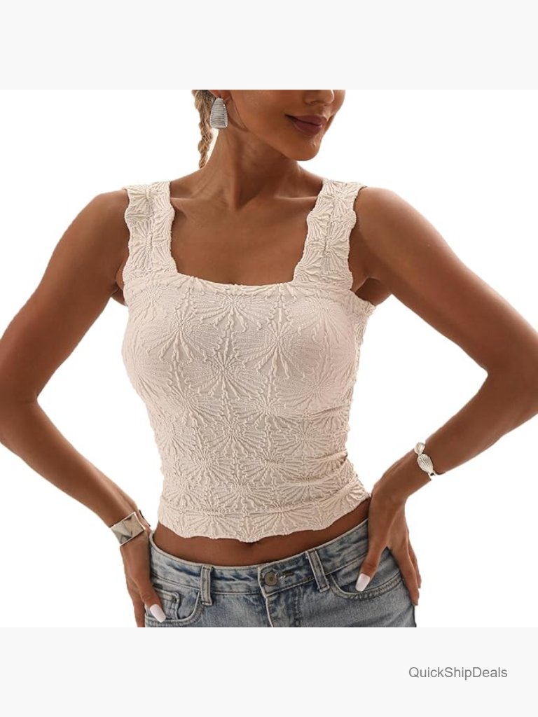 Seamless Square Neck Floral Cami Tank Top With Lettuce Trim